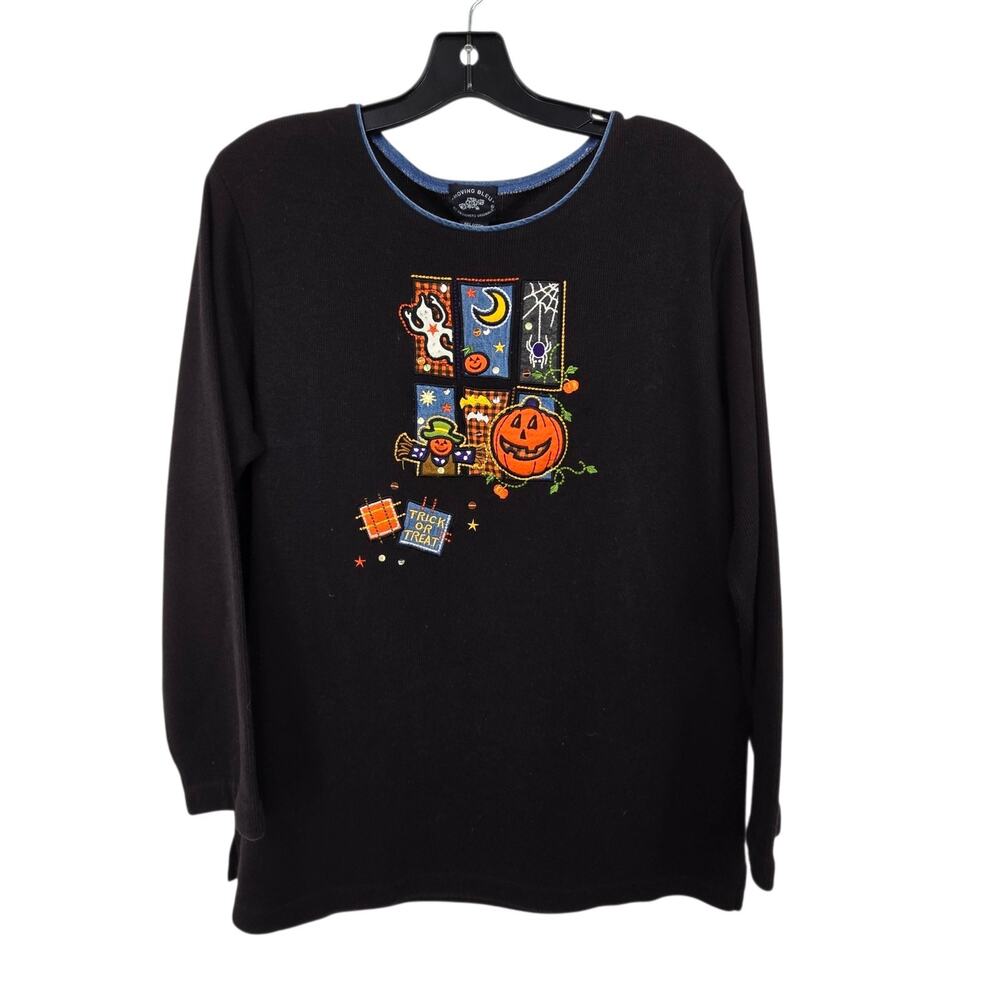 Vtg Halloween Embroidered Top Womens MED Black Ghost Pumpkin‎ Spider Scarecrow